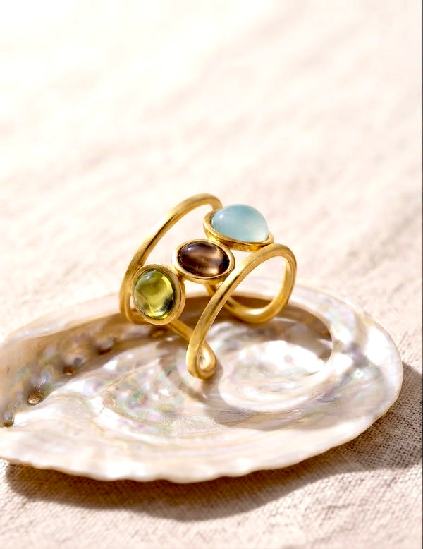 18K Gold-Plated Triple Gem Open Cuff Ring